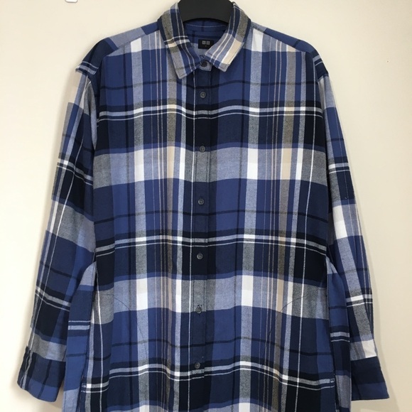 Uniqlo Blue Plaid Flannel Button Up Checked Slouchy Shirtdress - Picture 4 of 16